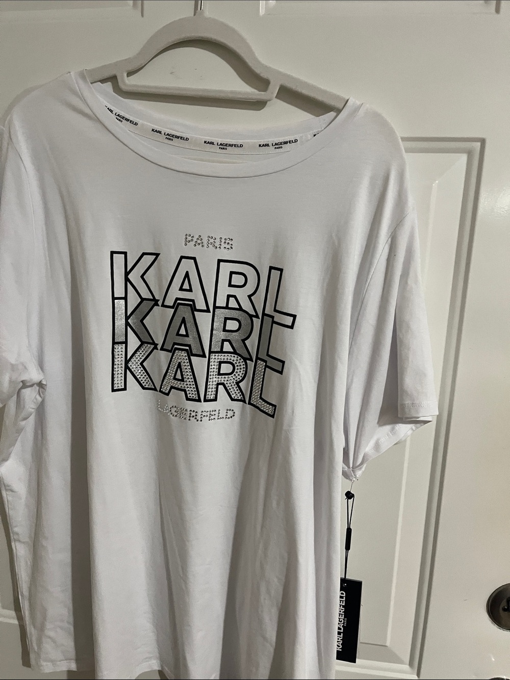 Karl Lagerfeld White Short Sleeve Logo Tee with Black Print